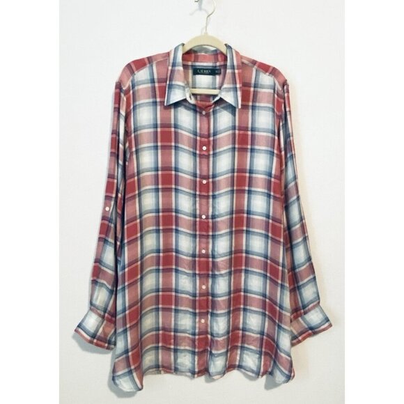 Ralph Lauren Top Womens XXL Pink Blue Plaid Lightweight Flannel Button Up Preppy - Picture 1 of 6